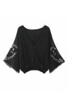 Choies Black V-neck Embroidery Detail Belle Sleeve Blouse