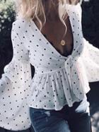 Choies White V-neck Polka Dot Print Flare Sleeve Chic Women Blouse