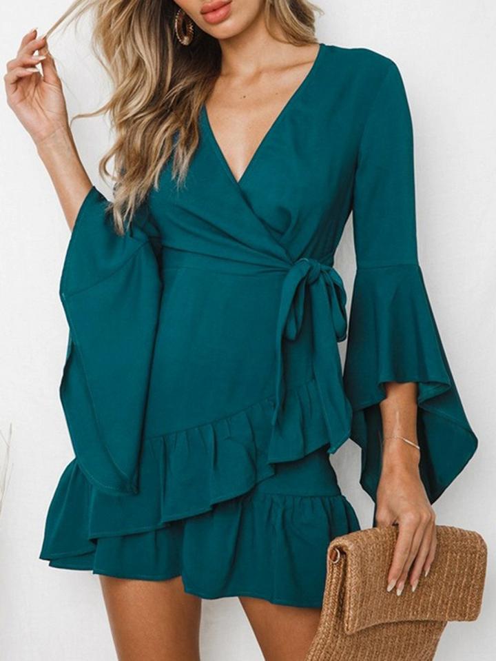 Choies Green V-neck Tie Waist Ruffle Hem Flare Sleeve Chic Women Mini Dress