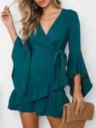 Choies Green V-neck Tie Waist Ruffle Hem Flare Sleeve Chic Women Mini Dress