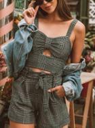 Choies Black Plaid Ruched Detail Crop Cami Top And High Waist Shorts