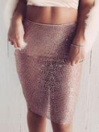Choies Pink Rhinestone Sheer Mesh Pencil Skirt