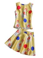 Choies Yellow Cartoon Polka Dot Print Vest And High Waist Skater Skirt