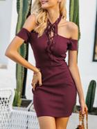 Choies Burgundy Halter Cold Shoulder Lace Up Front Ribbed Knit Dress