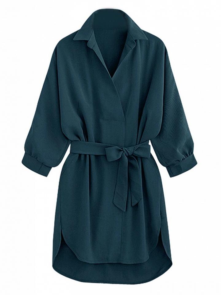 Choies Dark Green Tied Waist 3/4 Sleeve Dipped Shirt Dress