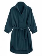 Choies Dark Green Tied Waist 3/4 Sleeve Dipped Shirt Dress