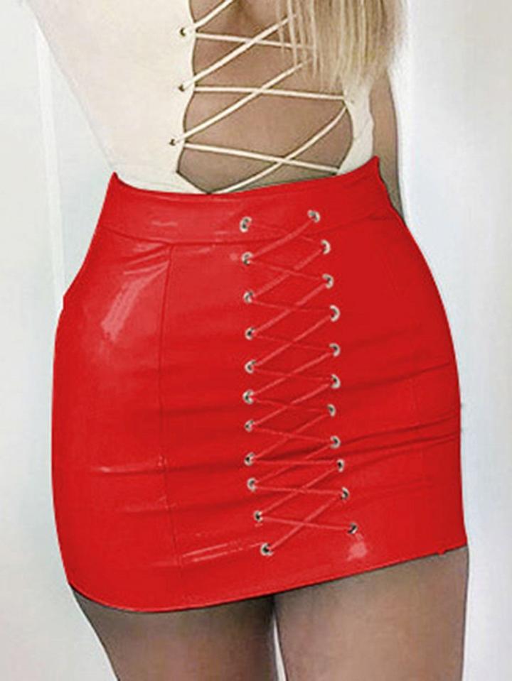Choies Red High Waist Eyelet Lace Up Front Leather Look Mini Skirt