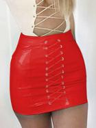 Choies Red High Waist Eyelet Lace Up Front Leather Look Mini Skirt