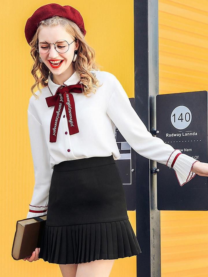 Choies White Bow Tie Front Long Sleeve Shirt