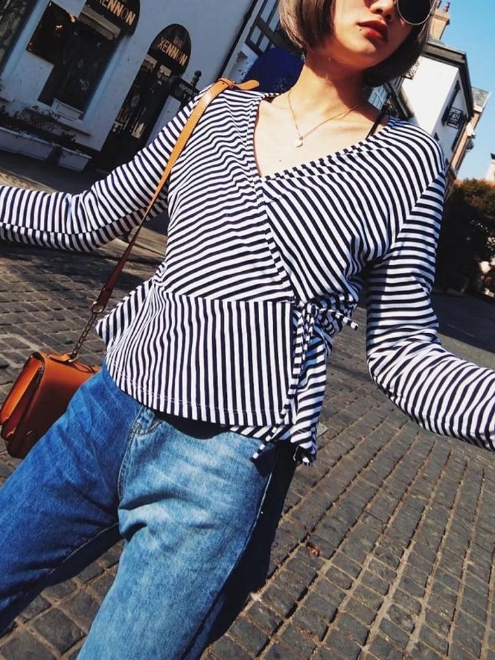 Choies Black Stripe V-neck Tie Waist Long Sleeve Blouse