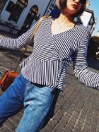 Choies Black Stripe V-neck Tie Waist Long Sleeve Blouse