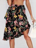 Choies Black High Waist Floral Print Asymmetric Hem Chic Women Skirt