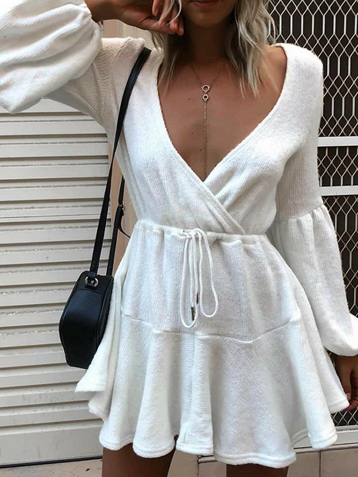 Choies White V-neck Drawstring Waist Puff Sleeve Women Mini Dress