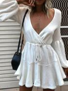 Choies White V-neck Drawstring Waist Puff Sleeve Women Mini Dress