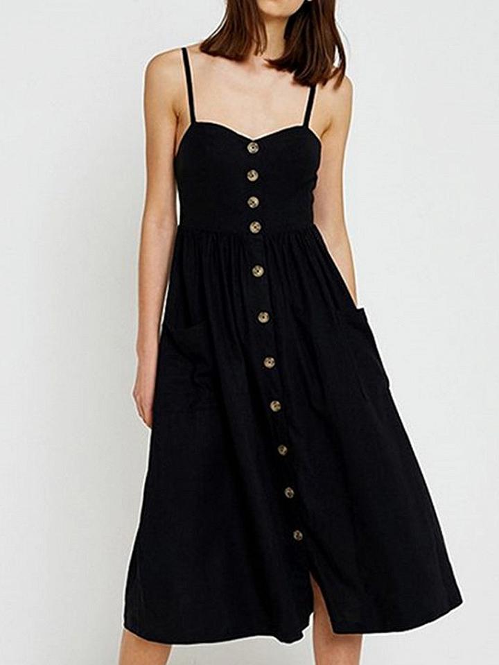 Choies Black Button Up Spaghetti Strap Midi Dress