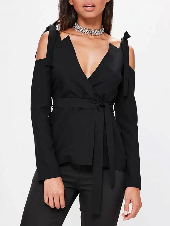 Choies Black Deep V-neck Bow Detail Cold Shoulder Blouse
