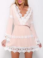 Choies Pink V-neck Lace Panel Long Sleeve Mini Dress