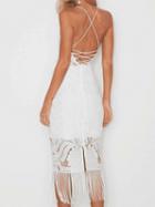 Choies White V-neck Strap Back Cross Tassel Detail Bodycon Lace Dress