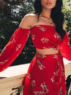Choies Red Off Shoulder Floral Print Crop Top And High Waist Mini Skirt