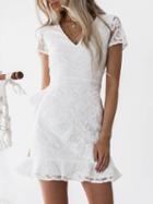 Choies White V-neck Embroidery Back Tie Waist Chic Women Lace Mini Dress