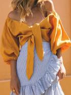Choies Yellow Cotton V-neck Tie Front Puff Sleeve Chic Women Crop Top