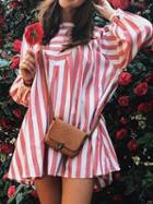 Choies Red Stripe Cotton Blend Puff Sleeve Chic Women Mini Dress