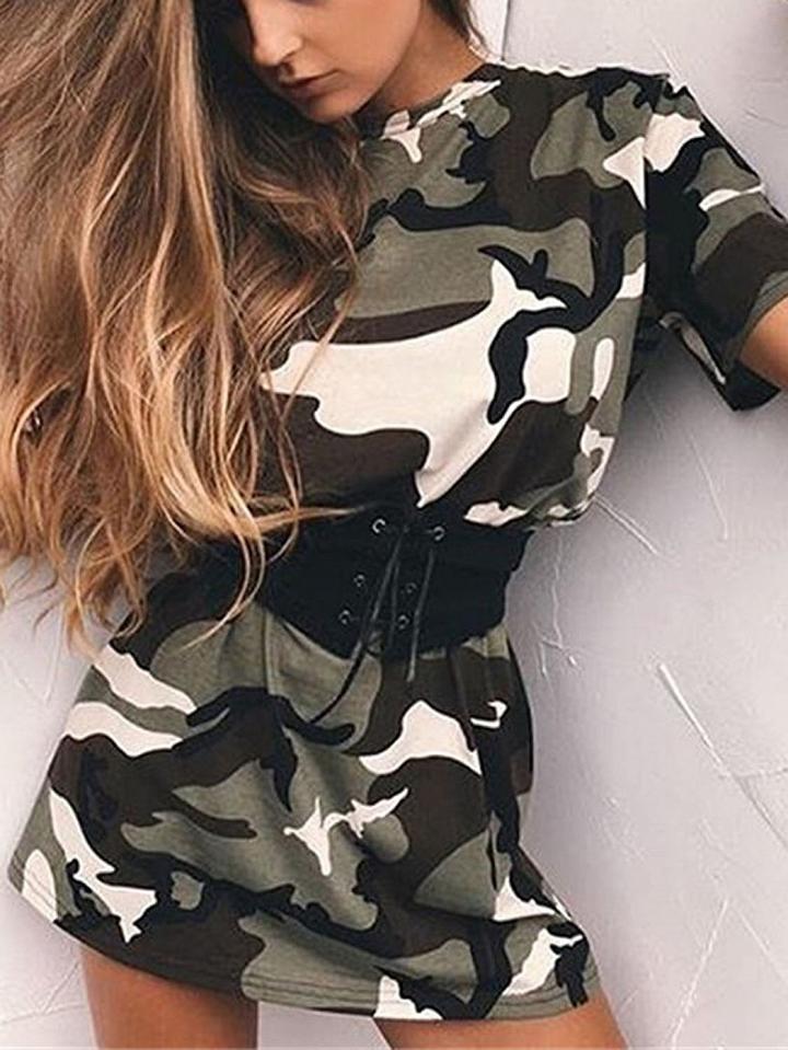 Choies Green Camo Print Short Sleeve Tee Dress