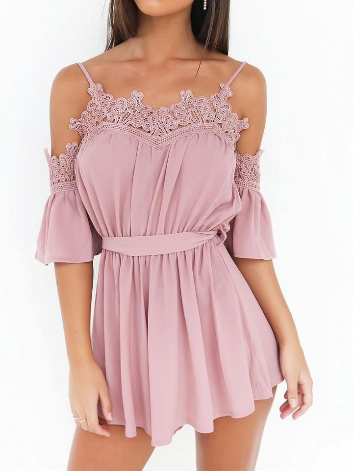 Choies Pink Cold Shoulder Lace Trim Cami Romper Playsuit
