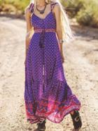 Choies Purple V-neck Folk Print Open Back Chic Women Cami Maxi Dress