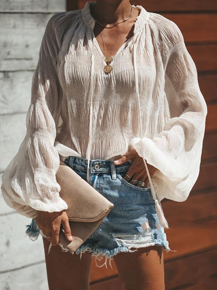 Choies White Chiffon V-neck Puff Sleeve Chic Women Blouse