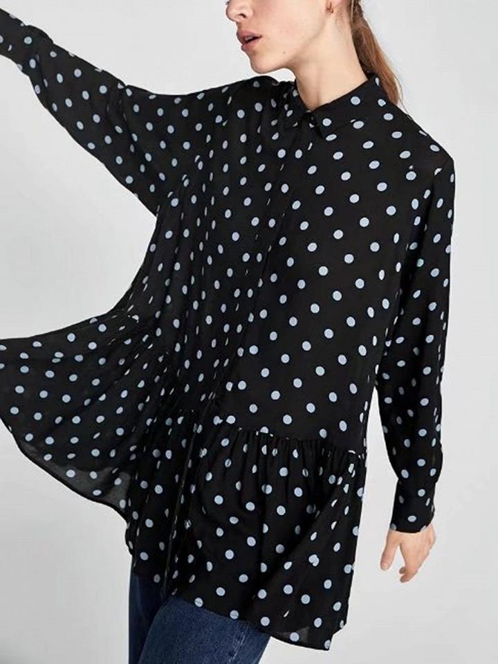 Choies Black Ruffle Hem Polka Dot Long Sleeve Shirt