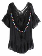 Choies Black Crochet Panel Colorful Pom Pom Plunge Back Dress