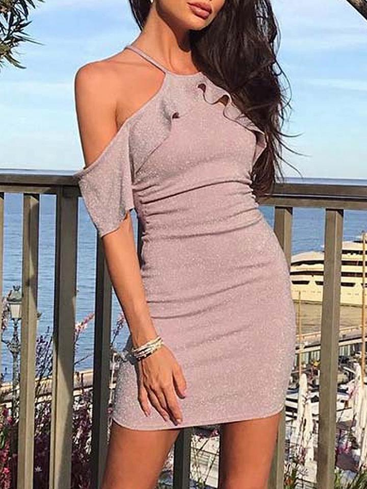 Choies Nude Cold Shoulder Ruffle Trim Spaghetti Strap Bodycon Mini Dress