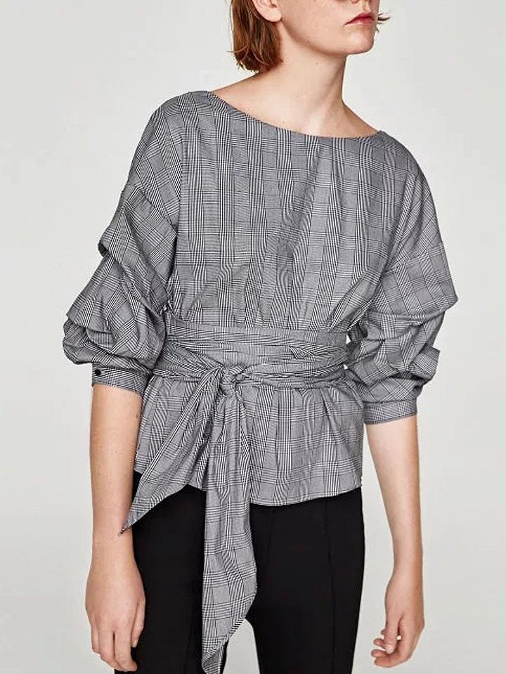 Choies Gray Plaid Wrap Back Tie Waist Puff Sleeve Blouse