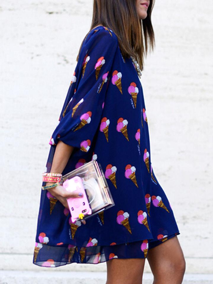 Choies Navy Ice-cream Print Chiffon Shift Dress