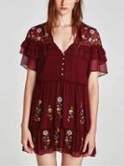 Choies Burgundy V-neck Embroidery Floral Ruffle Chiffon Mini Dress