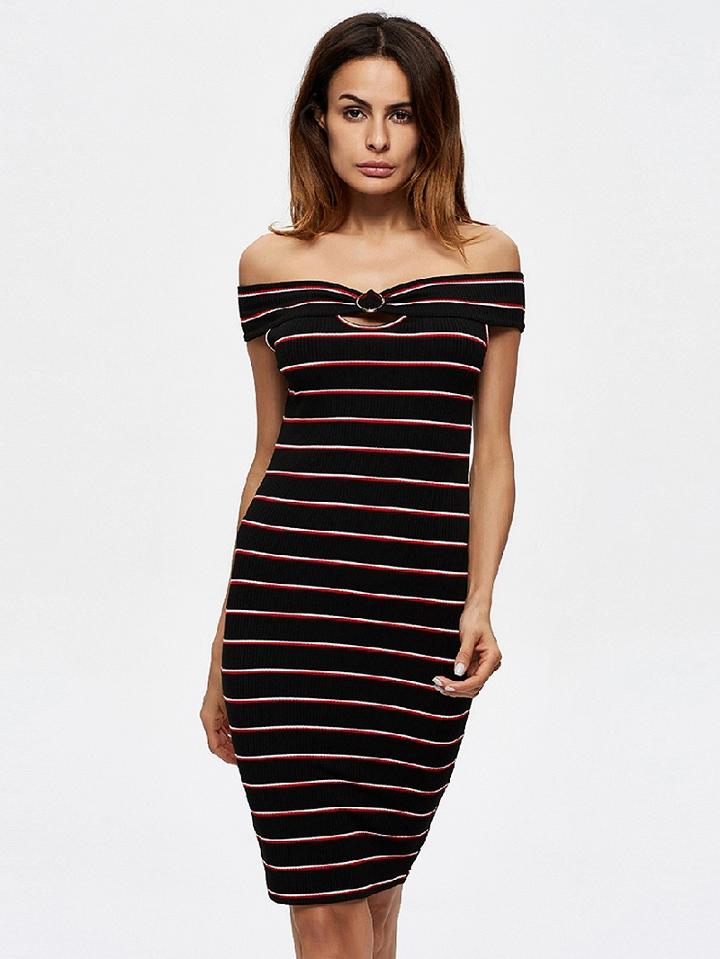 Choies Black Stripe Off Shoulder Cut Out Detail Bodycon Dress