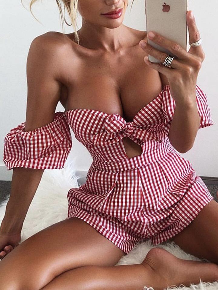 Choies Red Plaid Bandeau Tie Front Puff Sleeve Romper Playsuit