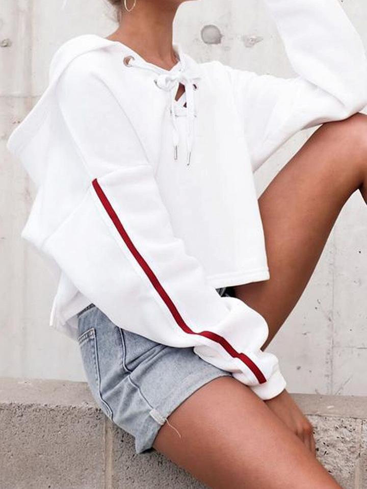 Choies White Cotton Eyelet Lace Up Front Long Sleeve Chic Women Hoodie