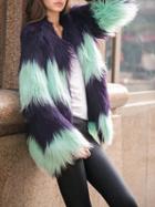 Choies Color Block Collarless Open Front Longline Faux Fur Coat
