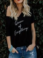 Choies Black Cotton V-neck Letter Print Chic Women T-shirt