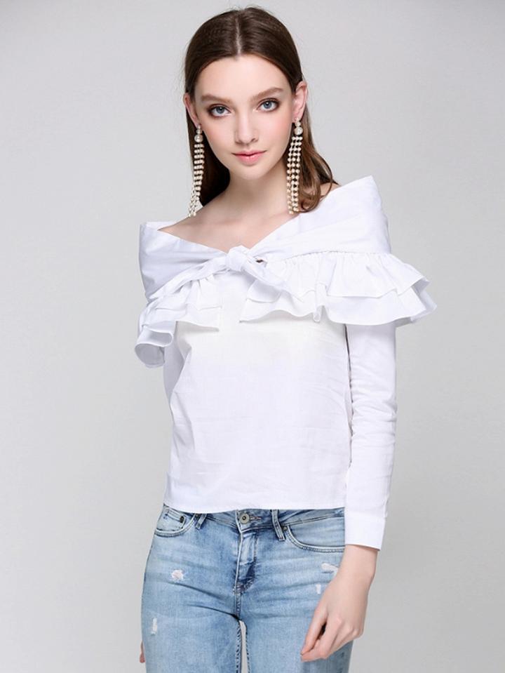 Choies White Bow Tie Ruffle Detail Long Sleeve Blouse