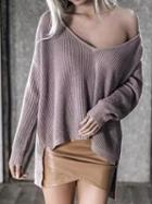 Choies Khaki V-neck Dipped Hem Long Sleeve Women Sweater