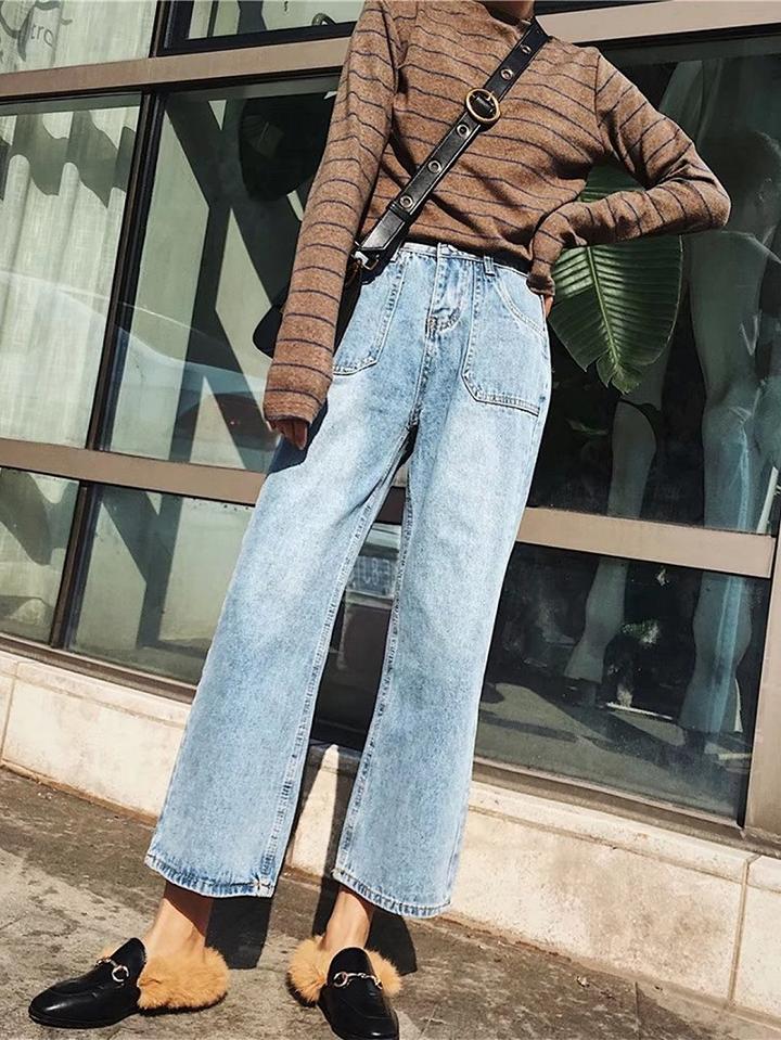 Choies Blue High Waist Denim Wide Leg Pants