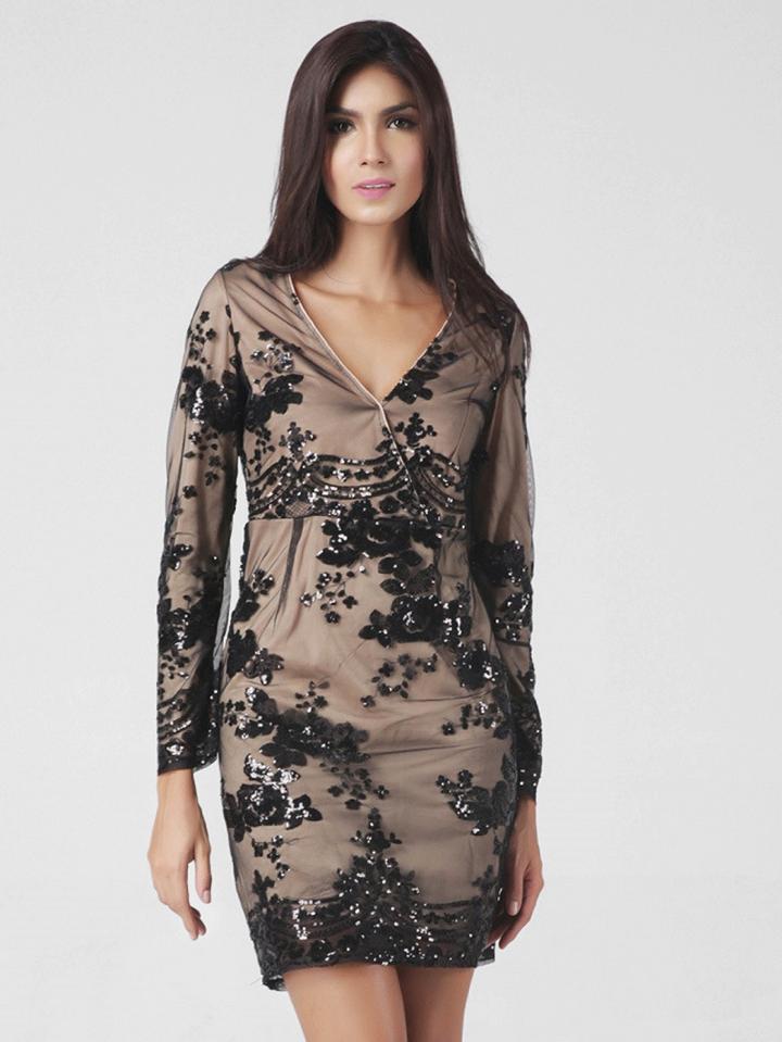 Choies Black V-neck Sequins Long Sleeve Overlay Mesh Bodycon Dress