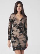 Choies Black V-neck Sequins Long Sleeve Overlay Mesh Bodycon Dress