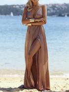 Choies Light Brown Plunge Thigh Split Front Open Back Maxi Dress