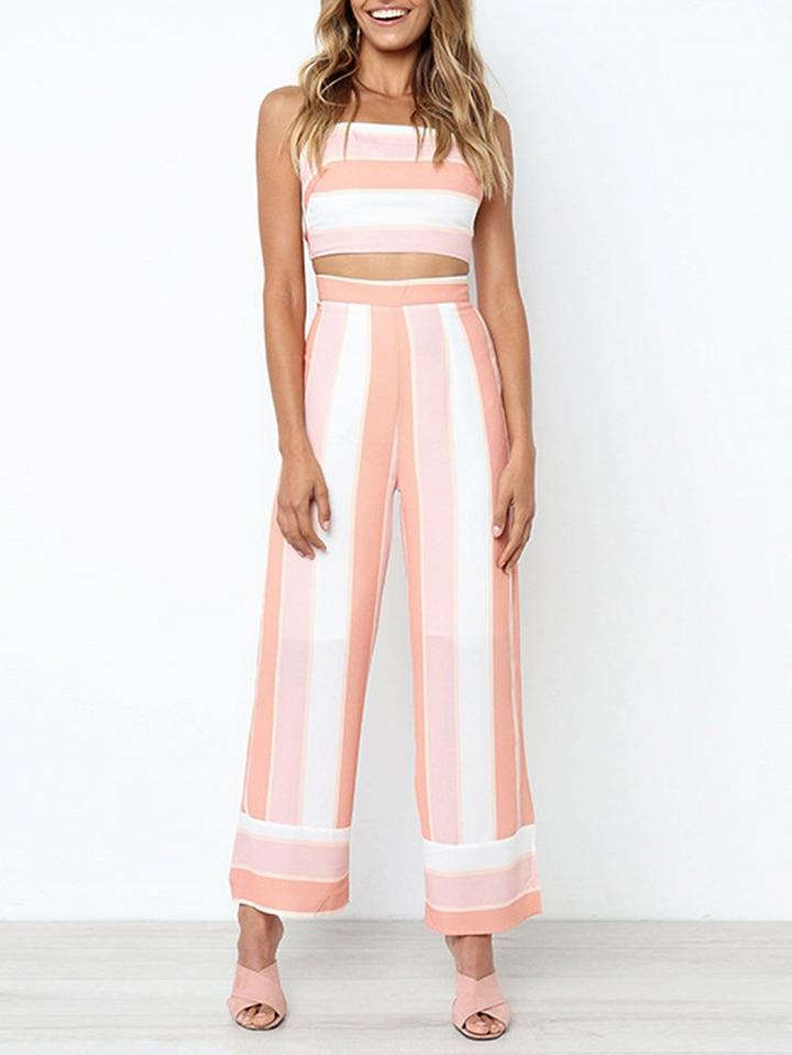 Choies Pink Stripe Tie Back Crop Cami Top And High Waist Pants