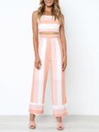 Choies Pink Stripe Tie Back Crop Cami Top And High Waist Pants