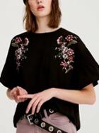 Choies Black Floral Embroidery T-shirt
